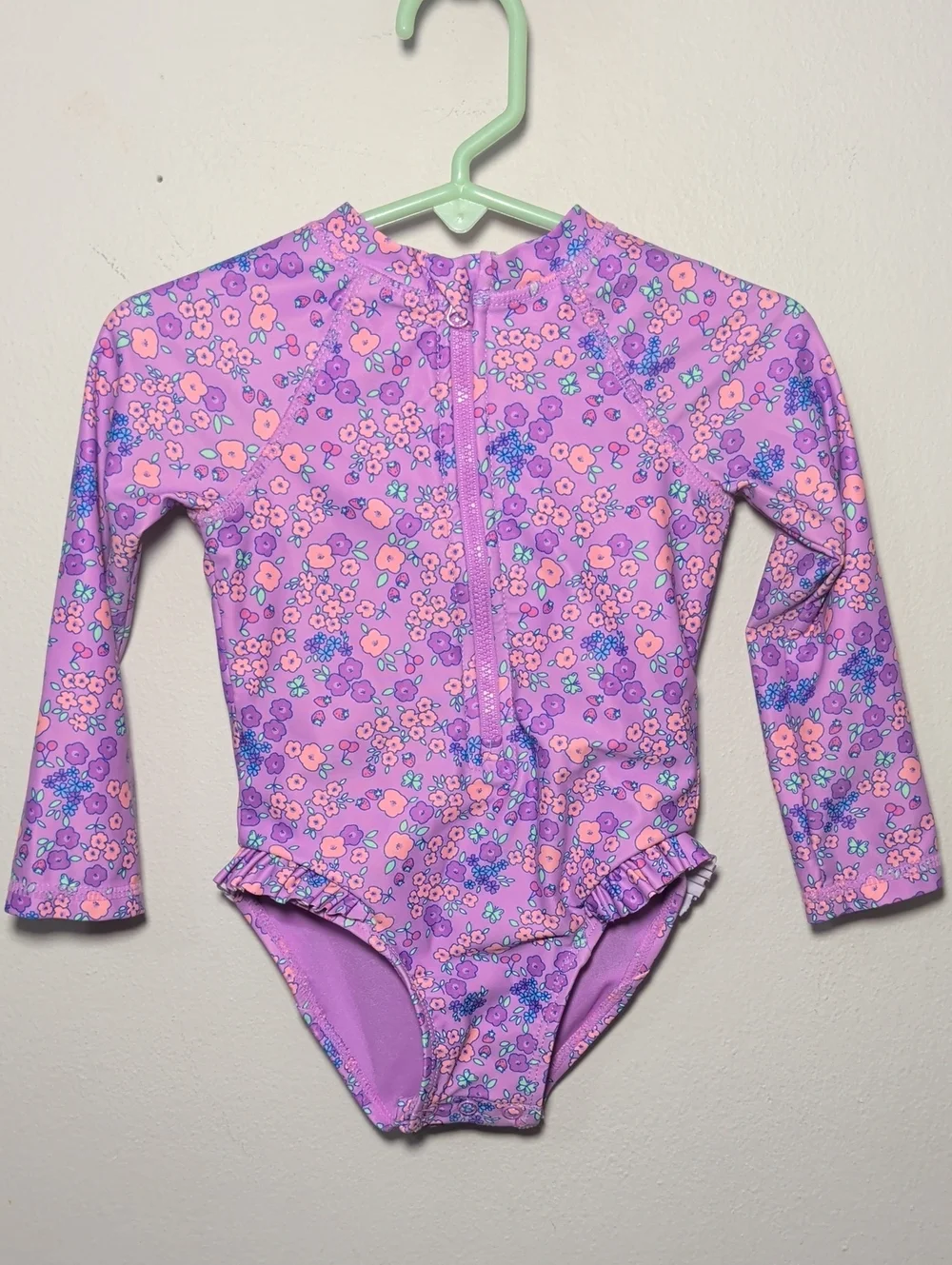 Jumping Beans Baby Girl One-Piece Swimsuit Purple Floral Long Sleeve Zip Sz 18M